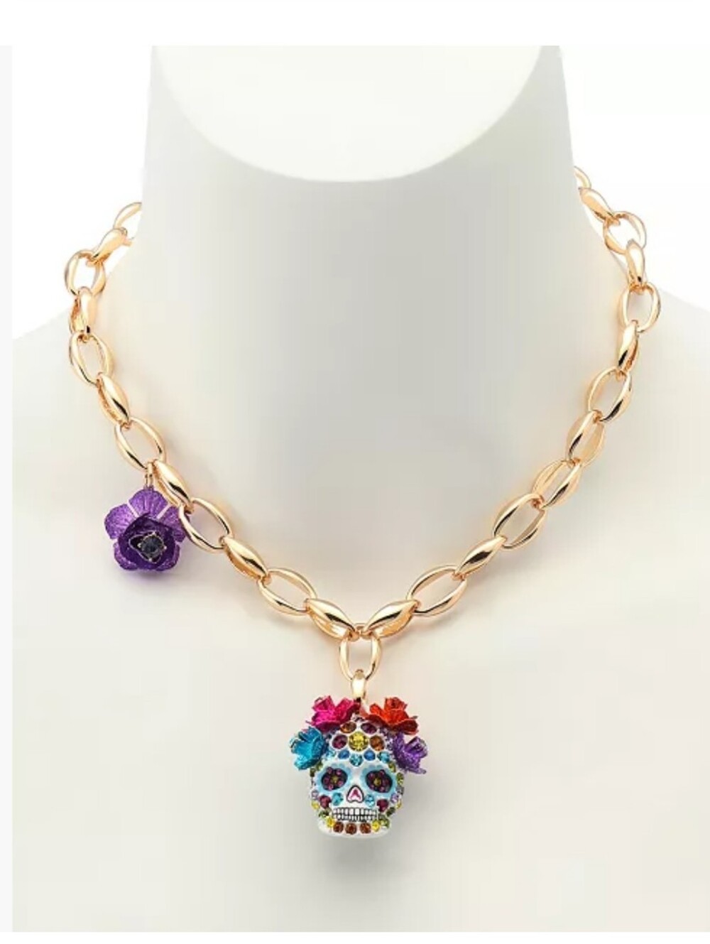 New Betsey Johnson Gold Chain Necklace with Multicolor Sugar Skull Pendant